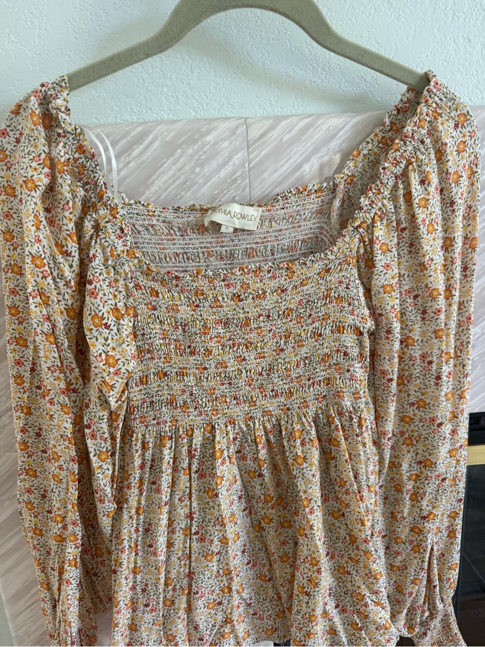 Cynthia Rowley Cream Smocked Floral Top with Yellow & Coral Accents